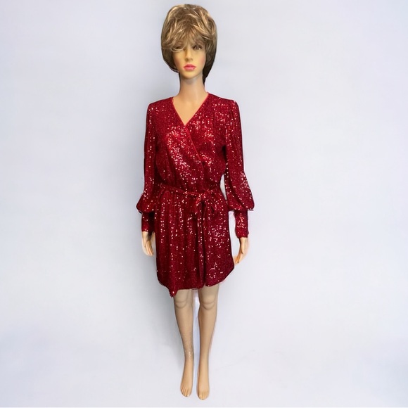 Gianni Bini Long Blouson Sleeve Wrap Mini Dress Red Sequin - Picture 2 of 8